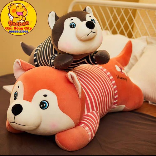 Gấu Bông Gối Ôm Chó Husky Áo Kẻ Bông