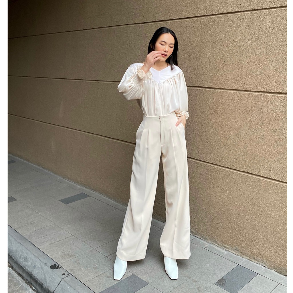 Quần Ống Rộng Dáng Suông Màu Kem EDINI - Q168 | BigBuy360 - bigbuy360.vn