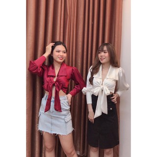 Áo phi lụa cổ sơ mi phối buộc nơ eo xinh xinh