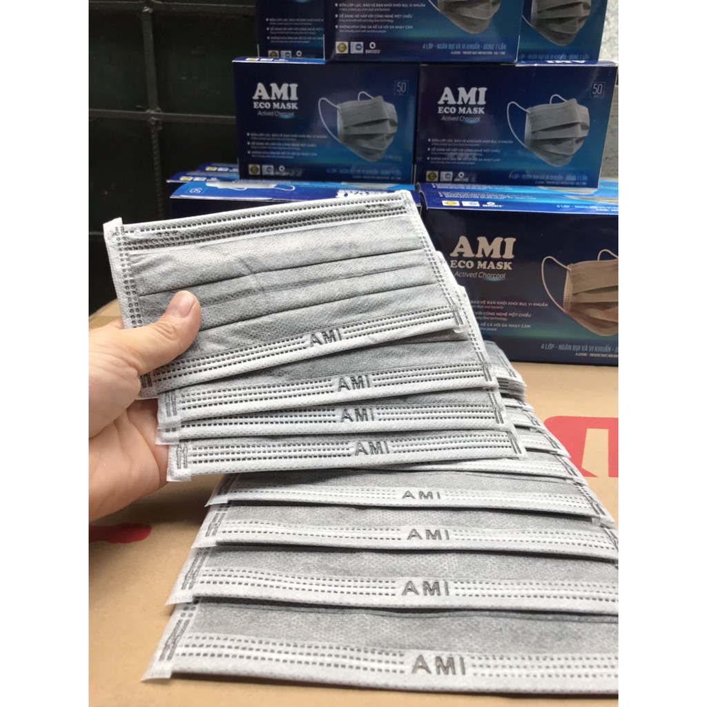 [3 Xám 4L]Combo 3 hộp Khẩu Trang Y Tế Than Hoạt Tính 4 lớp AMI (50 chiếc/ 1 hộp)