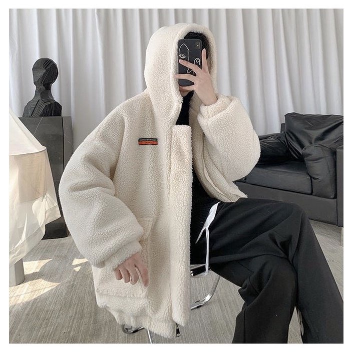 Áo Khoác Lông Cừu Form Rộng Có Mũ Unisex Siêu Dày, Áo Jacket Nam Nữ Túi Hộp Phong Cách Hàn Quốc