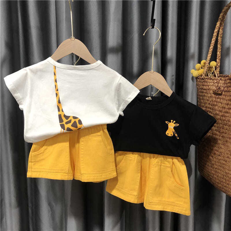 Bộ quần áo hè cho bé trai, Bộ cotton cộc tay họa tiết hươu cao cổ cho bé từ 7 đến 18 kg