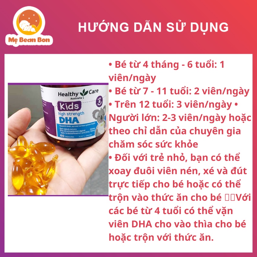 DHA Healthy Care Kid’s High DHA Úc 60 viên bổ sung omega-3 cho trí não bé từ 4 tháng tuối - mẹ bean bon