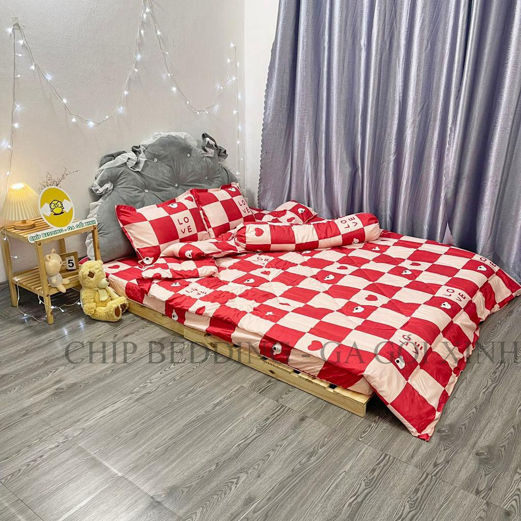 TRỌN BỘ COTTON POLY 5 MÓN CHĂN PHAO DÀY DẶN HÀNG VN - GẤU LOVE- ĐỦ KÍCH THƯỚC