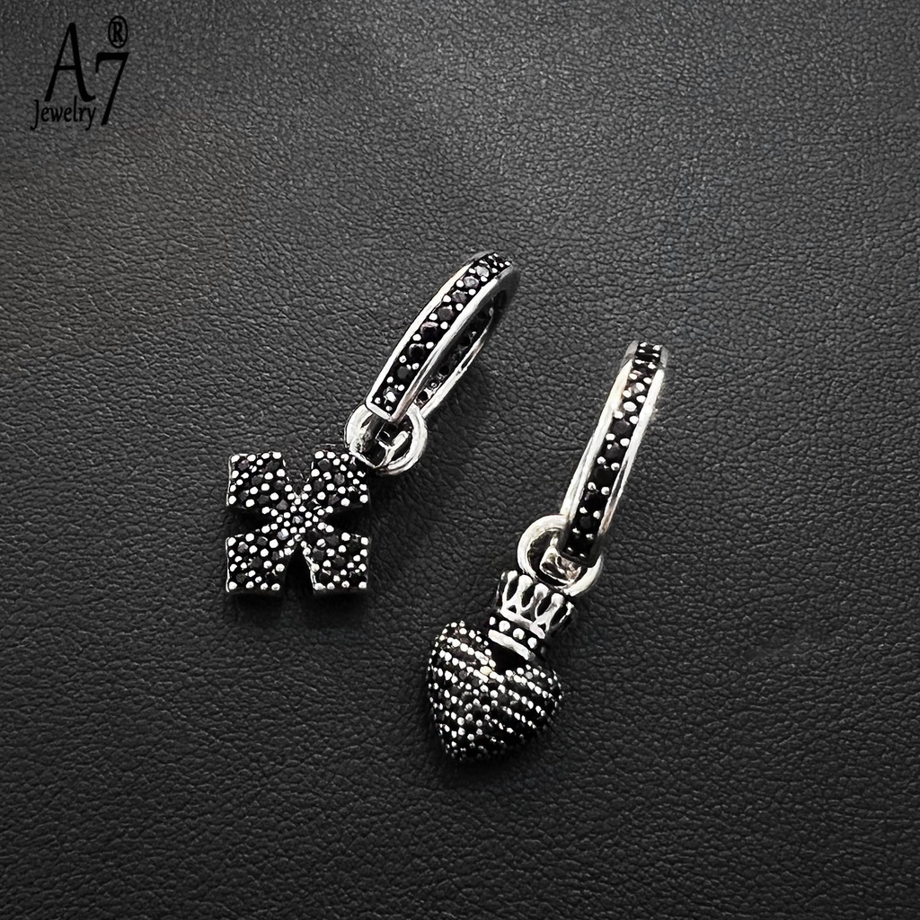 A7| Bông Tai Mạ Bạc 925 Hình Thánh Giá / Vương Miện / Trái Tim Màu Đen