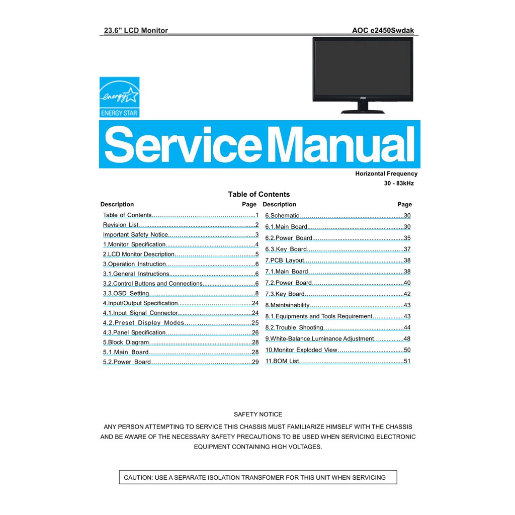 Hướng dẫn sửa chữa và sơ đồ màn AOC e2450Swdak