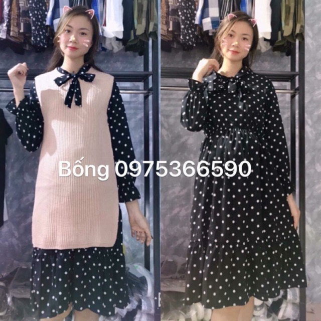 Set váy len bầu chấm bi