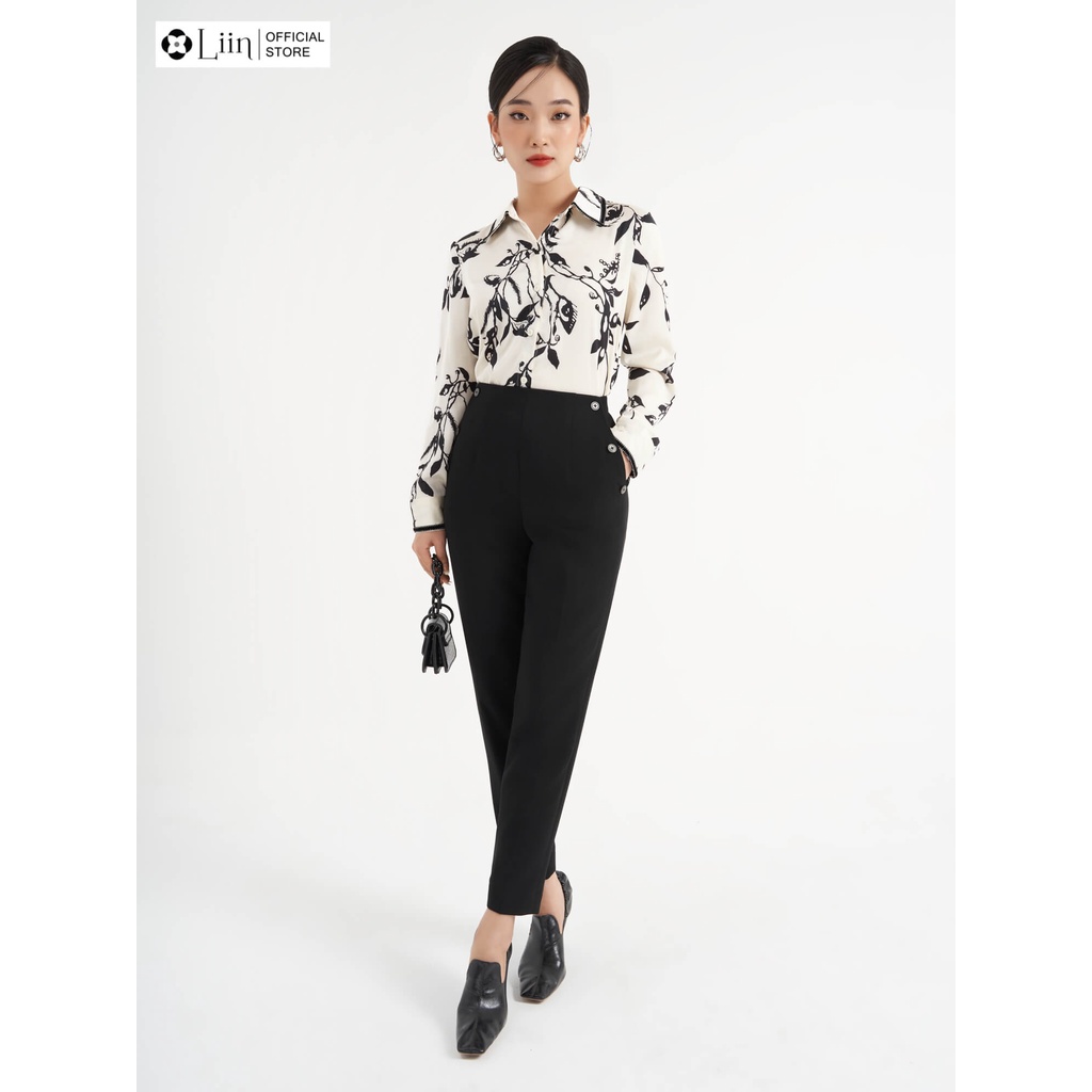 Áo sơ mi Linbi cao cấp hoạ tiết Hoa Lá Đen Trắng xinh xắn, dễ phối đồ liin clothing SM3526