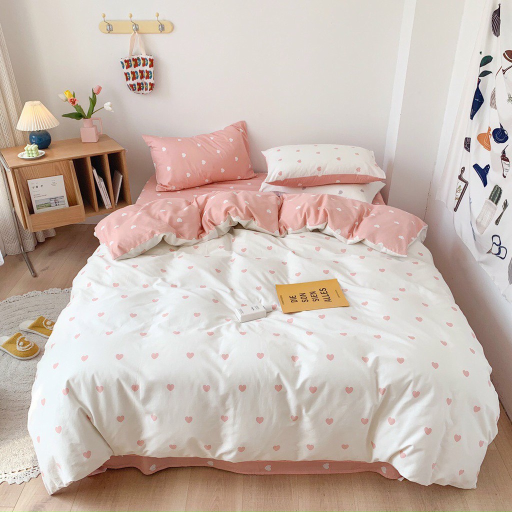 Bộ sưu tập bộ chăn ga và vỏ gối Cotton Poly Minh Nhật tim nhí trắng hồng - Hàng nhập khẩu cao cấp