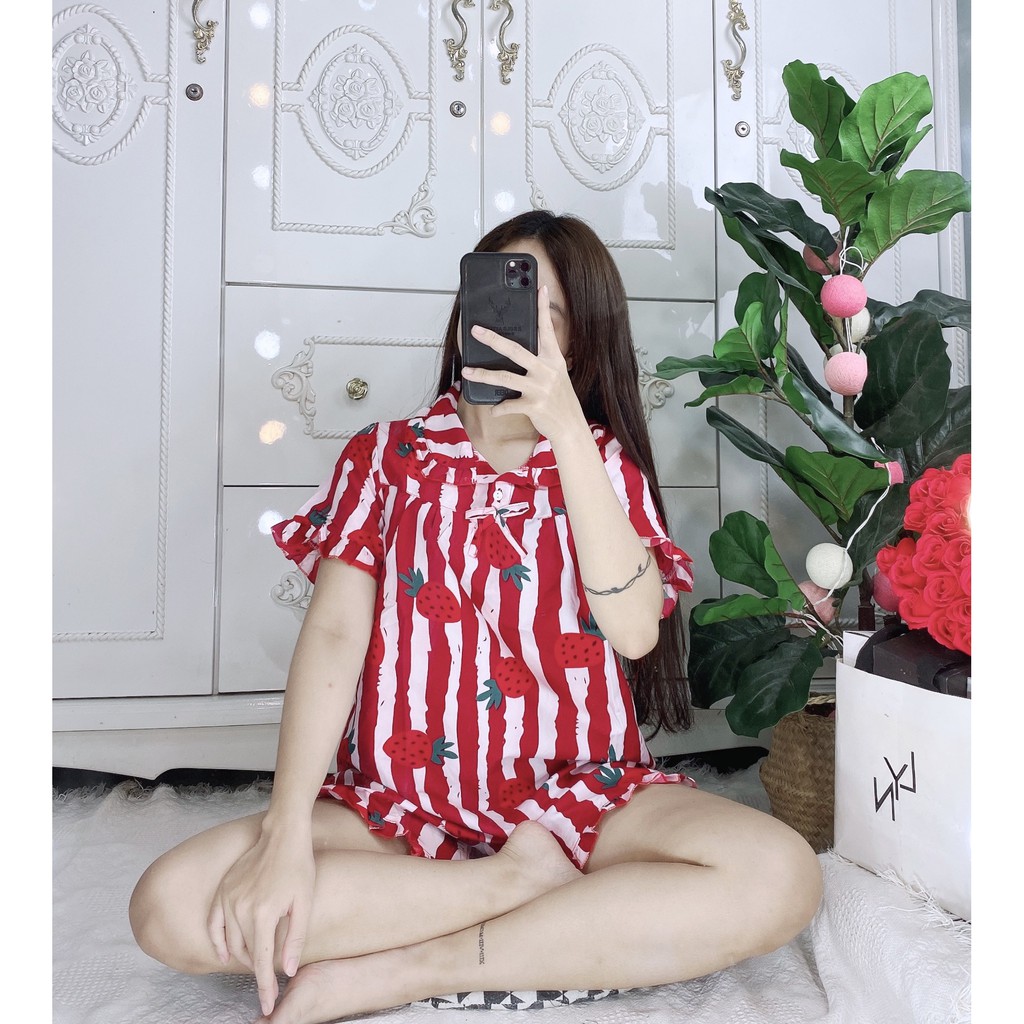 Bộ đồ ngủ, đồ bộ pijama lụa nữ mặc nhà áo tay ngắn quần ngắn bèo chất liệu kate thái