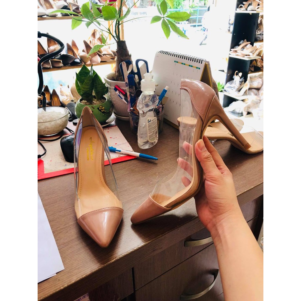 [Mã FATHANG5 giảm 10K đơn 50K] GIÀY CAO GÓT DÁNG LOUBOUTIN NUDE PHỐI MICA TRONG