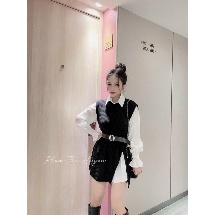 16S57B1 Set áo sơ mi tay dài và áo gile vạt xéo, tặng kèm dây nịt cá tính, style sang trọng
