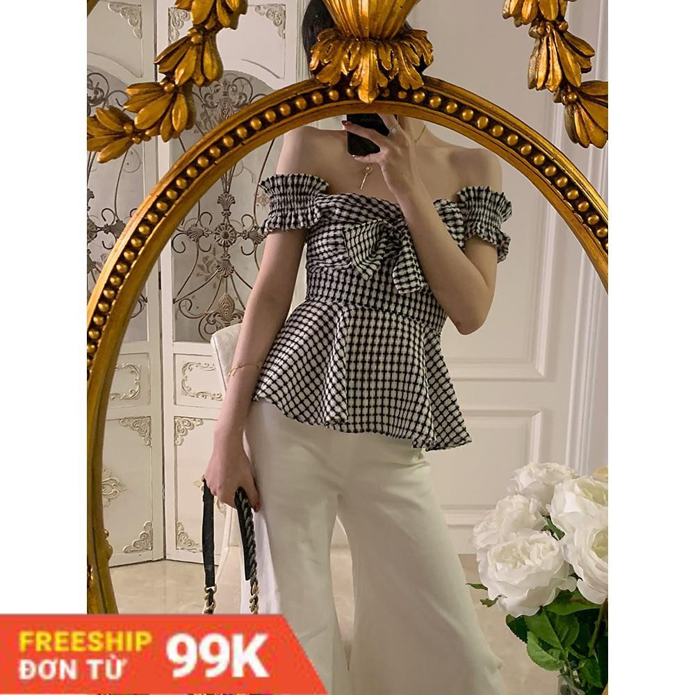 Áo trễ vai thắt nơ xinh xắn kẻ caro