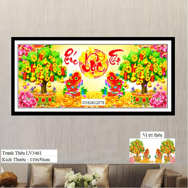 Tranh thêu chữ thập Phúc Lộc Thọ LV3461 (TRANH THÊU 3D) - Kích Thước 110x50cm