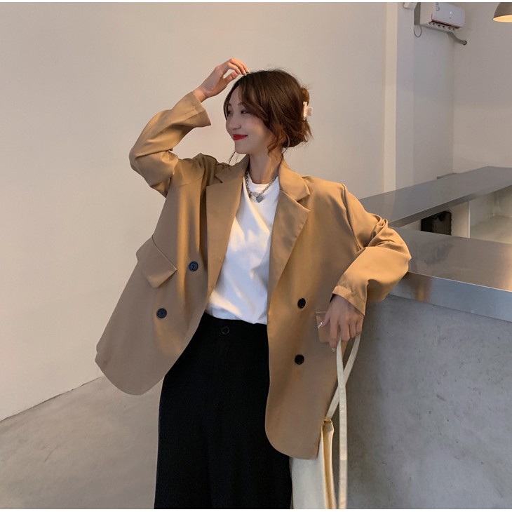 Áo Blazer đen Hàn Quốc cao cấp, áo vest Blazer be thanh lịch, sang trọng kèm 2 lớp túi nắp ULZZANG | BigBuy360 - bigbuy360.vn