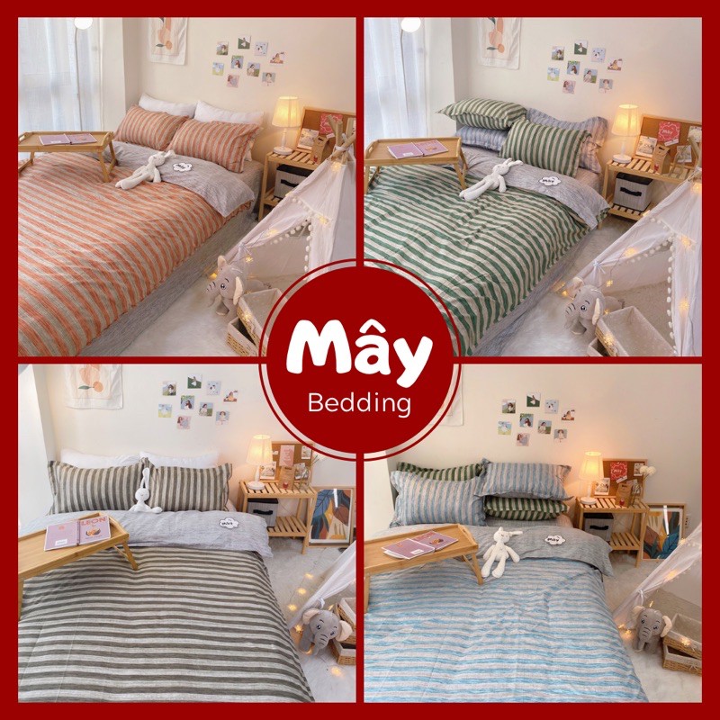 Bộ chăn ga gối Cotton Poly hoạ tiết kẻ ngang 4 màu cam xanh lá xanh dương nâu MÂY BEDDING