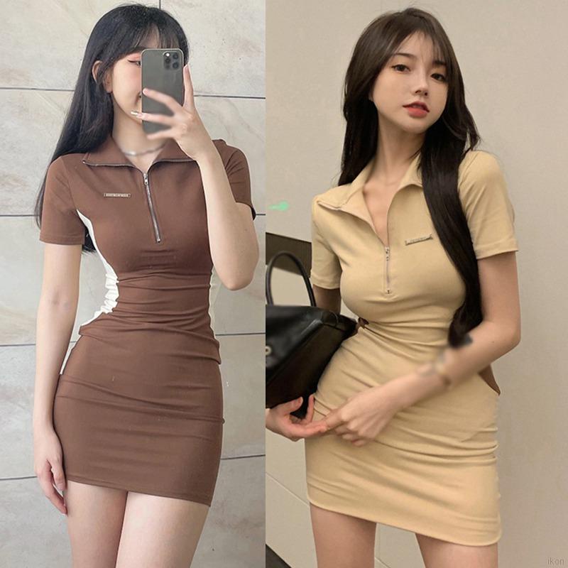 Đầm ngắn tay dáng ôm phối khóa kéo màu sắc retro quyến rũ cho nữ