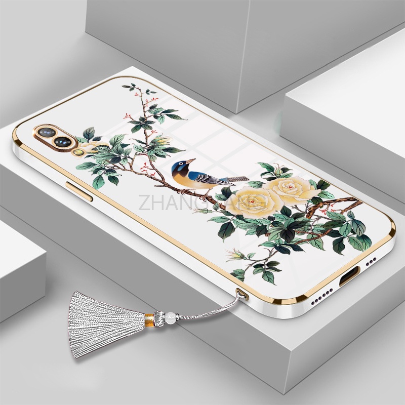 ốp lưng vivo y91 y91c y1s y93 y95 Vỏ điện thoại di động TPU hoa văn chim và hoa được mạ điện có dây buộc tua