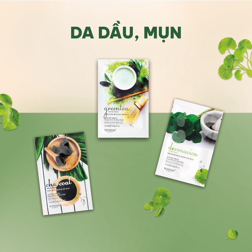 Mặt Nạ Dưỡng Da Trà Xanh WHISIS Nature Origin Energy Green tea Sheet Mask Giảm Mụn, Giảm Kích Ứng Da 25ml