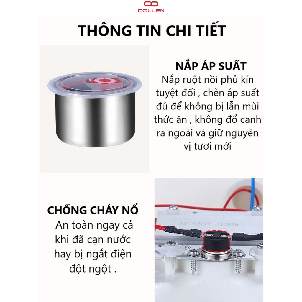 hộp cơm cắm điện văn phòng 2 tầng 4 ruột nồi inox có thể nấu ăn, giữ nhiệt, hâm nóng, hộp cơm 6in1 COLLEN LIFE