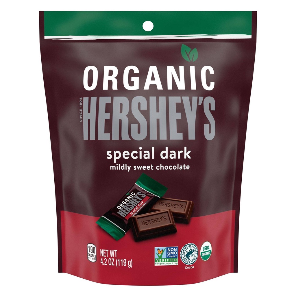 TÚI LẺ 8 THANH SOCOLA ĐEN/ĐẮNG HỮU CƠ ORGANIC Hershey Special Dark Mildly Sweet Chocolate, Non-GMO, USDA-Organic