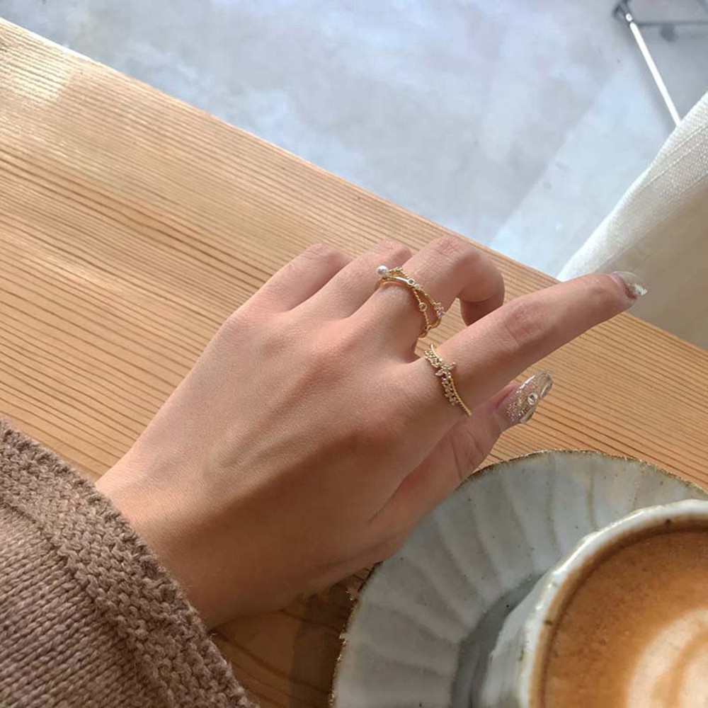 Bộ nhẫn Zircon đính đá ngọc trai thời trang hàn quốc cho nữ