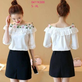 [ hàng order] áo sơ mi trễ vai phối hoa