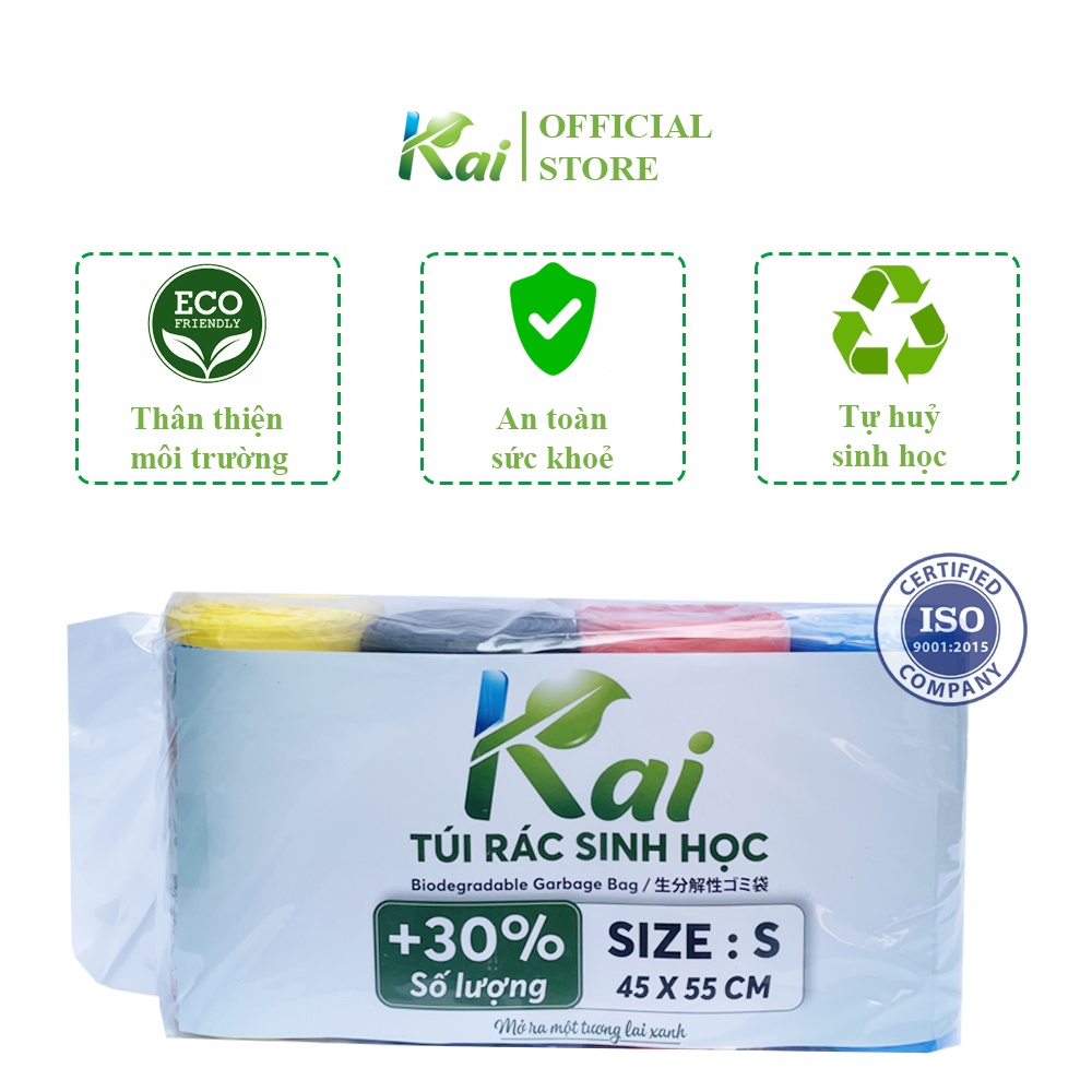 Lô 4 CUỘN TÚI RÁC TỰ HUỶ SINH HỌC KAI 4 MÀU, đủ 3 SIZE, thân thiện môi trường, an toàn sức khoẻ, tiết kiệm đến 30%