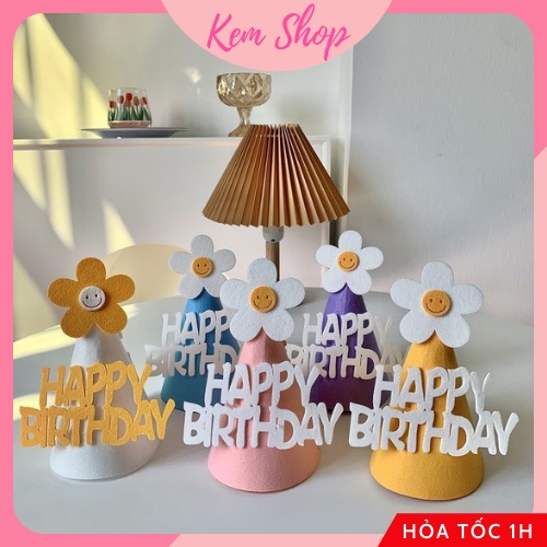 Mũ sinh nhật vải dạ hoa cúc 3D, mũ Happy Birthday phong cách Hàn Quốc - Kemshop K316