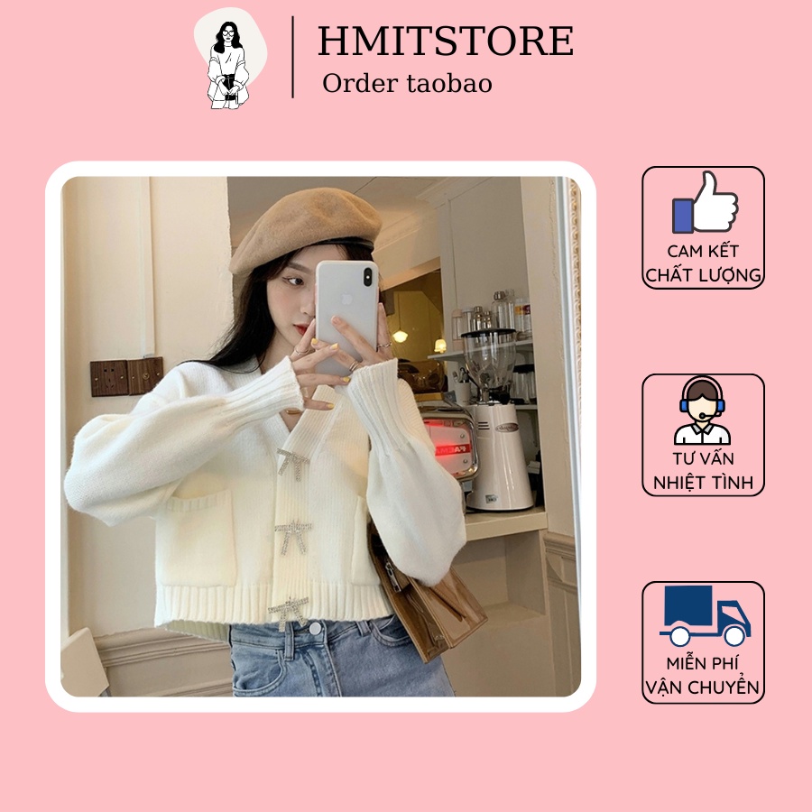 Áo khoác len cadigan dáng lửng kèm cài áo hình nơ điệu đà Hmitstore