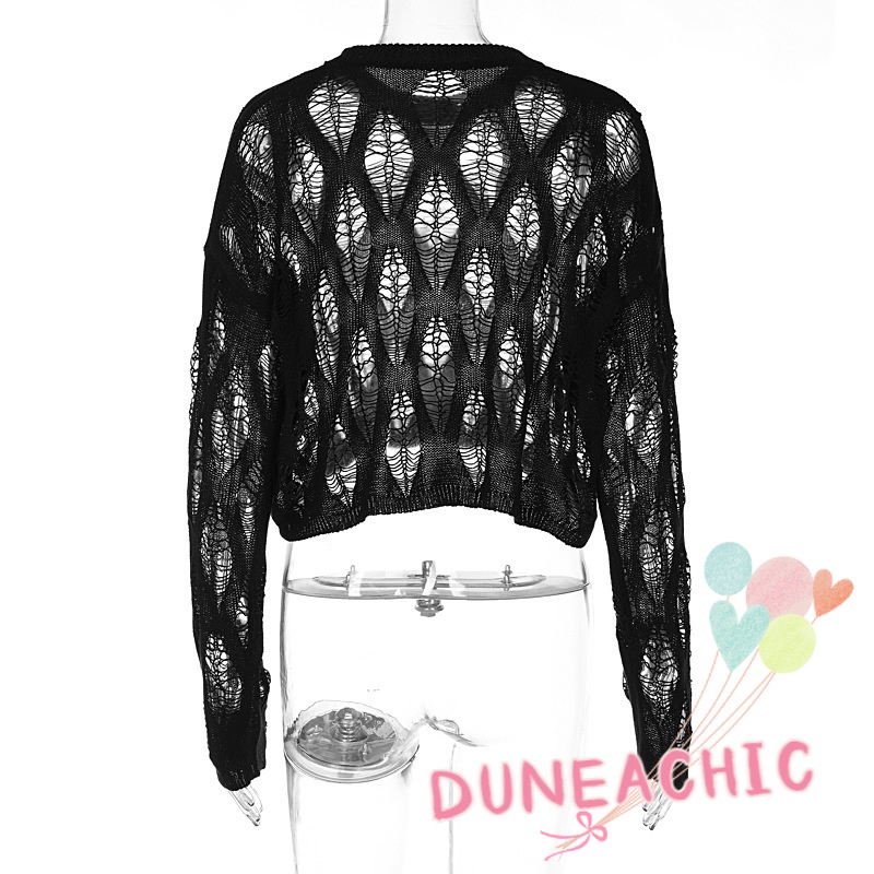 Áo Croptop Dệt Kim Tay Dài Thiết Kế Rách Cá Tính Hợp Thời Trang