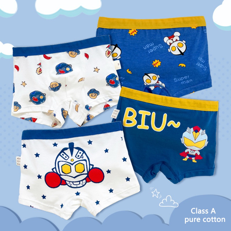 Set 4 Quần Lót Boxer Cotton Kháng Khuẩn In Họa Tiết Hoạt Hình Cho Bé Trai