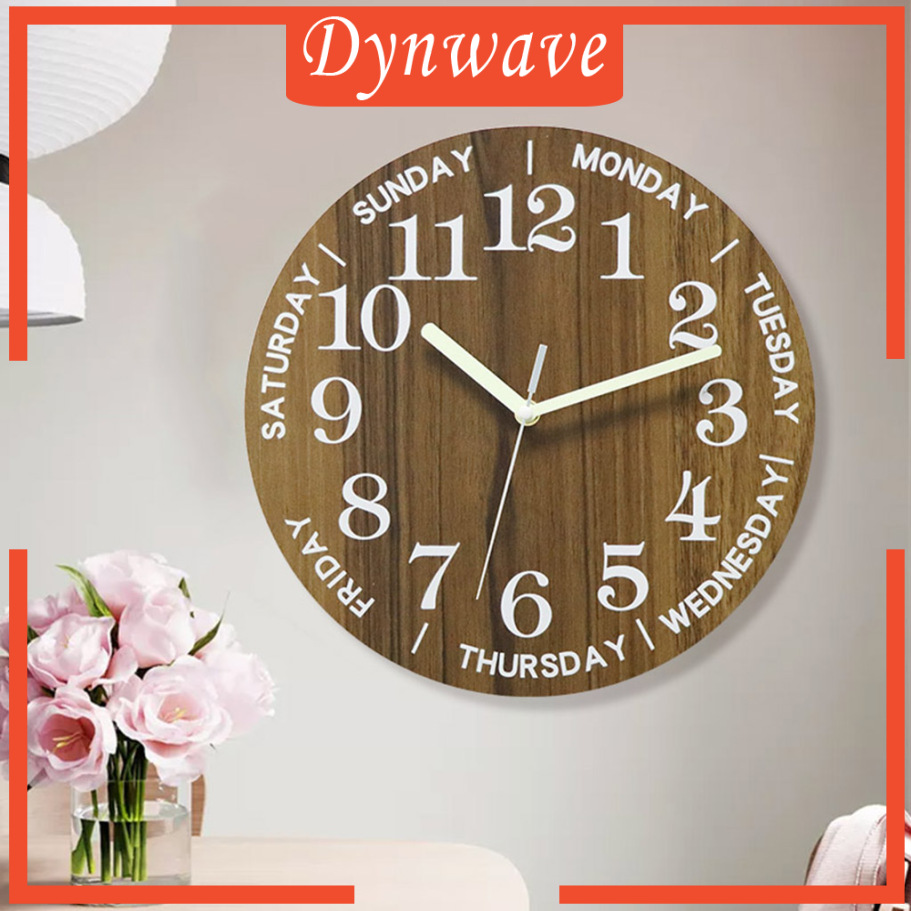 [DYNWAVE]Wooden 12'' Wall Clock Silent Hotel Glow in the Dark Bedroom Wall Clocks