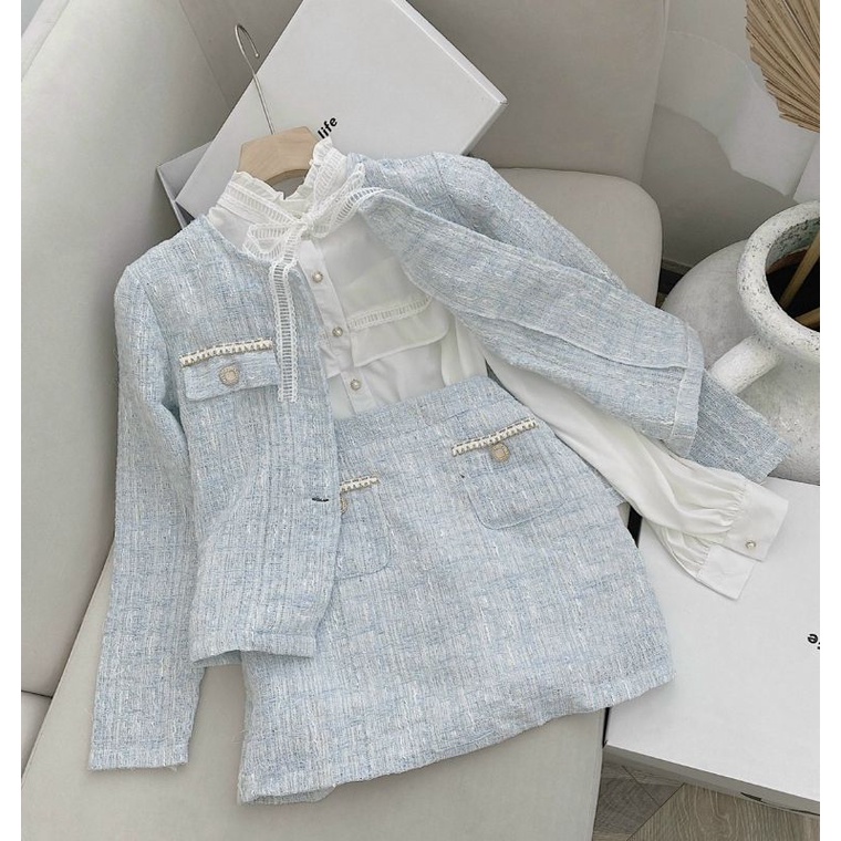 Set dạ tweed 3 món kèm áo sơ mi voan tơ sang chảnh tiểu thư