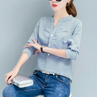 Áo sơ mi sọc cổ V cách điệu (M, L)