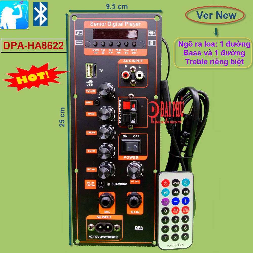 Mạch loa kéo công suất 40W - 80W HA8622 DPA Karaoke Bluetooth cho loa 2.5 tấc - 3 tấc V2
