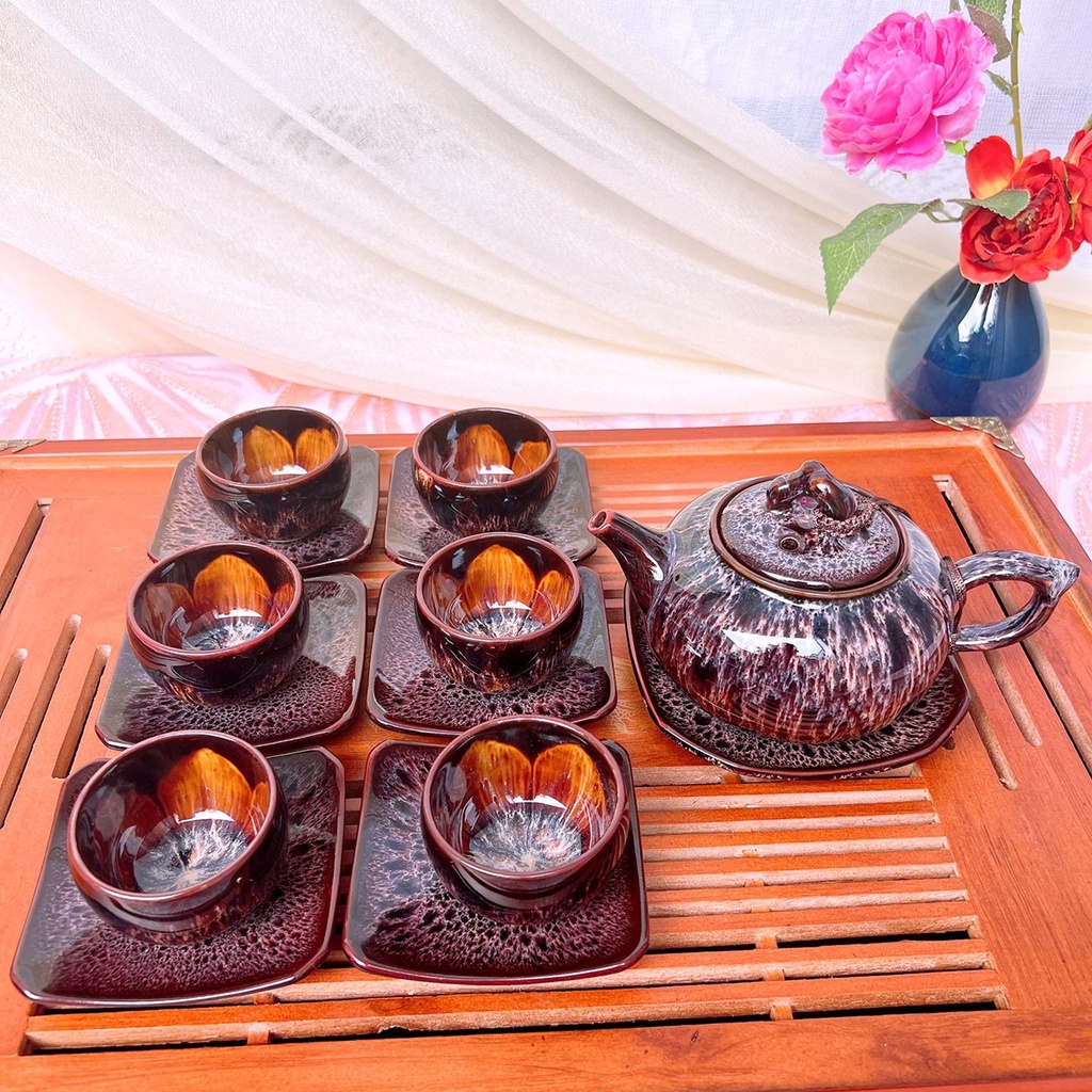 Bộ Ấm Chén 🎁 Gốm Sứ Bát Tràng 🎁 Bộ Ấm Trà Quai Sứ Cẩm Lai Đỏ Đẹp Decor Gomphuquy Hn20