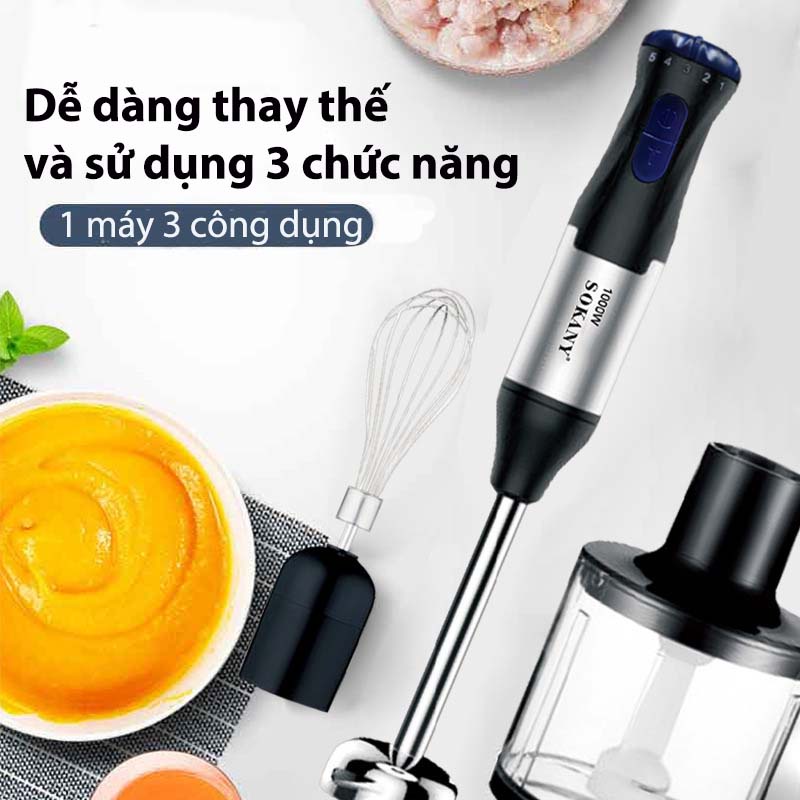 Máy Xay Cầm Tay Đa Năng 3 in 1 SOKANY SK-1711-4 1000W - Máy Xay Sinh Tố 5 Chế Độ Kèm Đánh Trứng, Xay Thịt, Xay Hạt, Bột