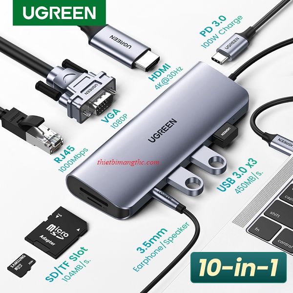 Bộ chuyển đổi đa năng USB TypeC 80133 UGREEN (3 USB 3.0, HDMI, RJ45,SD,TF, AUDIO 3.5)