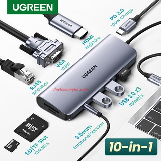 [10 IN 1] Bộ chuyển đổi đa năng USB TypeC 80133 UGREEN (3 USB 3.0, HDMI, RJ45,SD,TF, AUDIO 3.5)