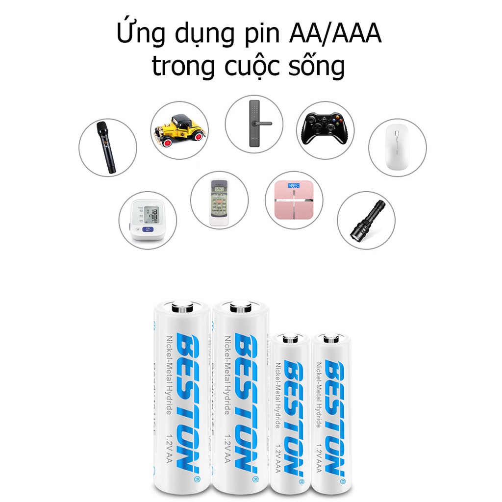 Bộ sạc pin tiểu AA, AAA và pin sạc AA AAA (2A, 3A) Beston dung lượng chuẩn