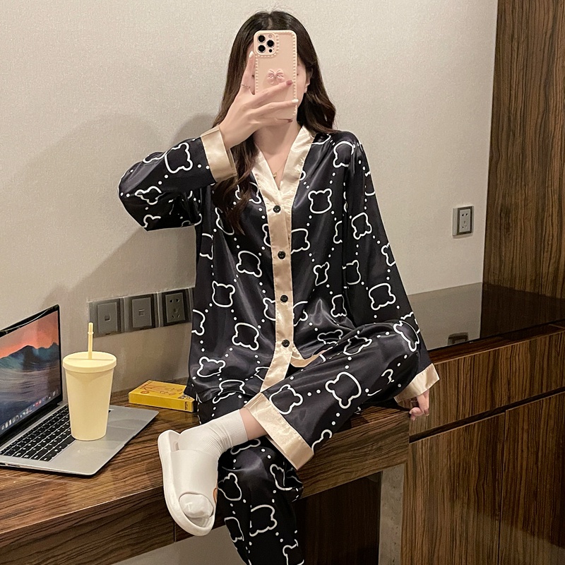 Bộ Đồ Ngủ Lụa Satin Tay Dài Thời Trang Hàn Quốc Dành Cho Nữ Size M-5XL