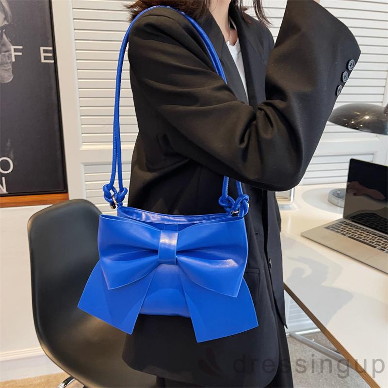 DRE-Female Shoulder Bag, Multipurpose Solid Color Bowknot Handbag Tote Bag for Women, White/Blue/Black