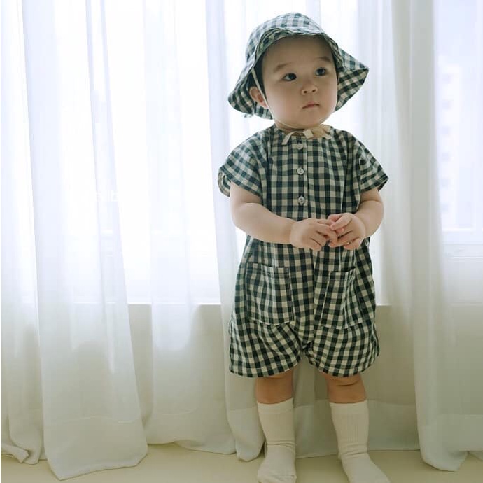 Bộ đồ liền thân gồm Romper kèm mũ cho bé trai 1 - 3 tuổi đi picnic, du lịch