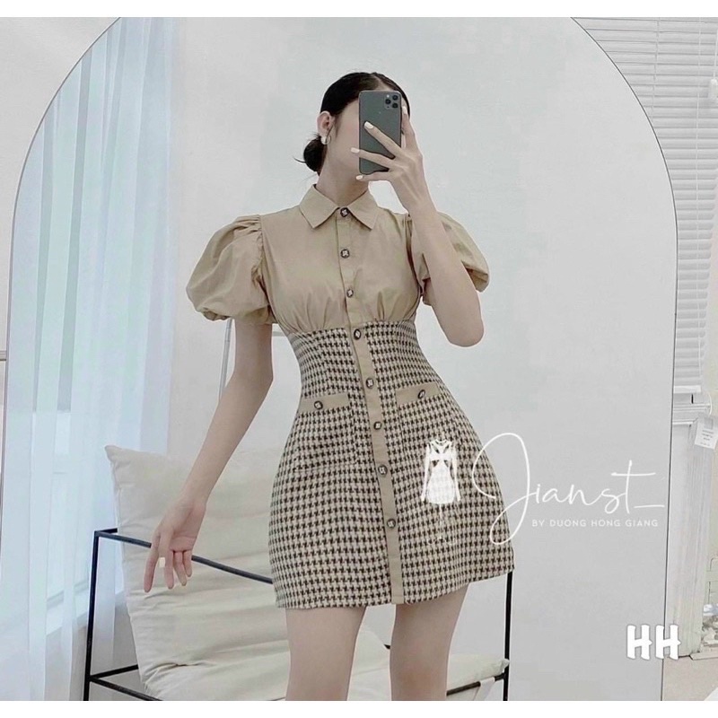Đầm sơ mi ziczac nữ tay ngắn phồng dáng chữ A vải mango phối dạ Bigsize Kim Ngân từ 50kg đến 100kg