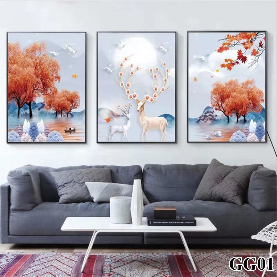 Tranh treo tường canvas 3 bức phong cách hiện đại Bắc Âu 77, tranh chim công trang trí phòng khách, phòng ngủ, phòng ăn