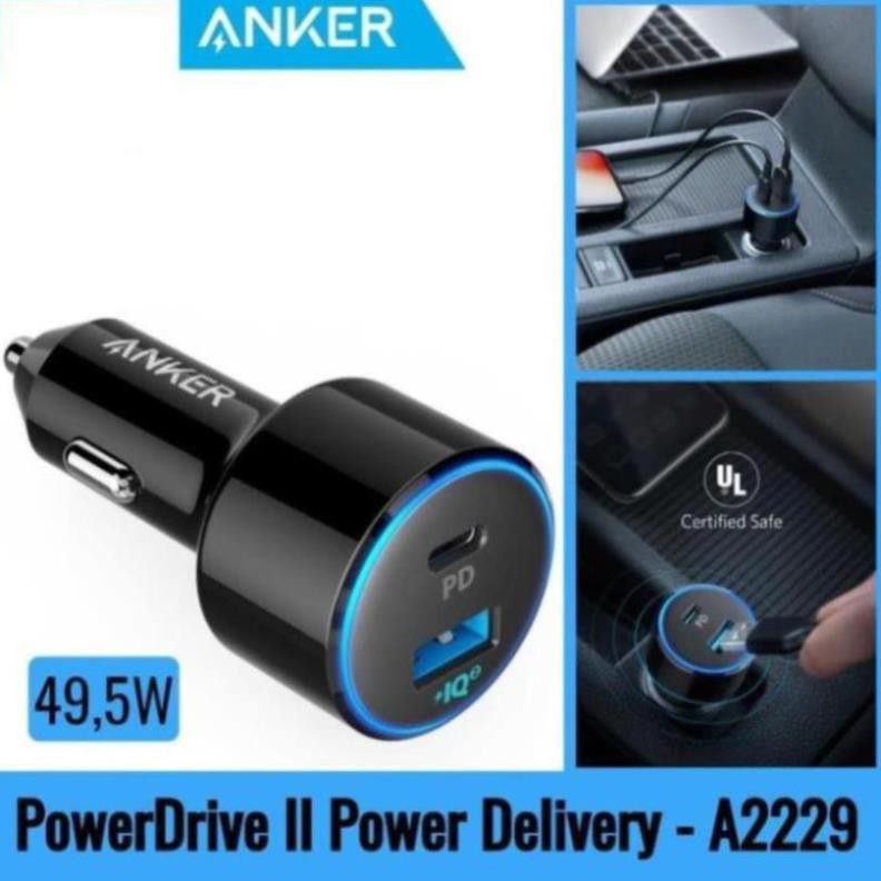 Tẩu Sạc Xe Hơi 2 Cổng Anker PowerDrive+ Speed 49.5W Tích Hợp Cổng USB Type-C / Power IQ 2.0 Power Delivery PD - A2229