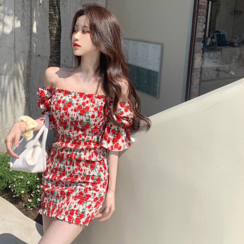 Đầm Cổ Vuông Họa Tiết Hoa Phong Cách retro Pháp Xinh Xắn Cho Nữ