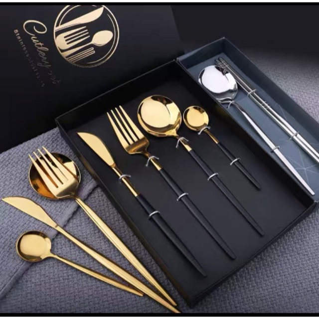 Set 4 sản phẩm gồm muỗng, nĩa, dao ăn, thìa cà phê bằng thép không gỉ cao cấp - có hộp đựng sang trọng