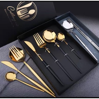 Set 4 sản phẩm gồm muỗng, nĩa, dao ăn, thìa cà phê bằng thép không gỉ cao cấp - có hộp đựng sang trọng